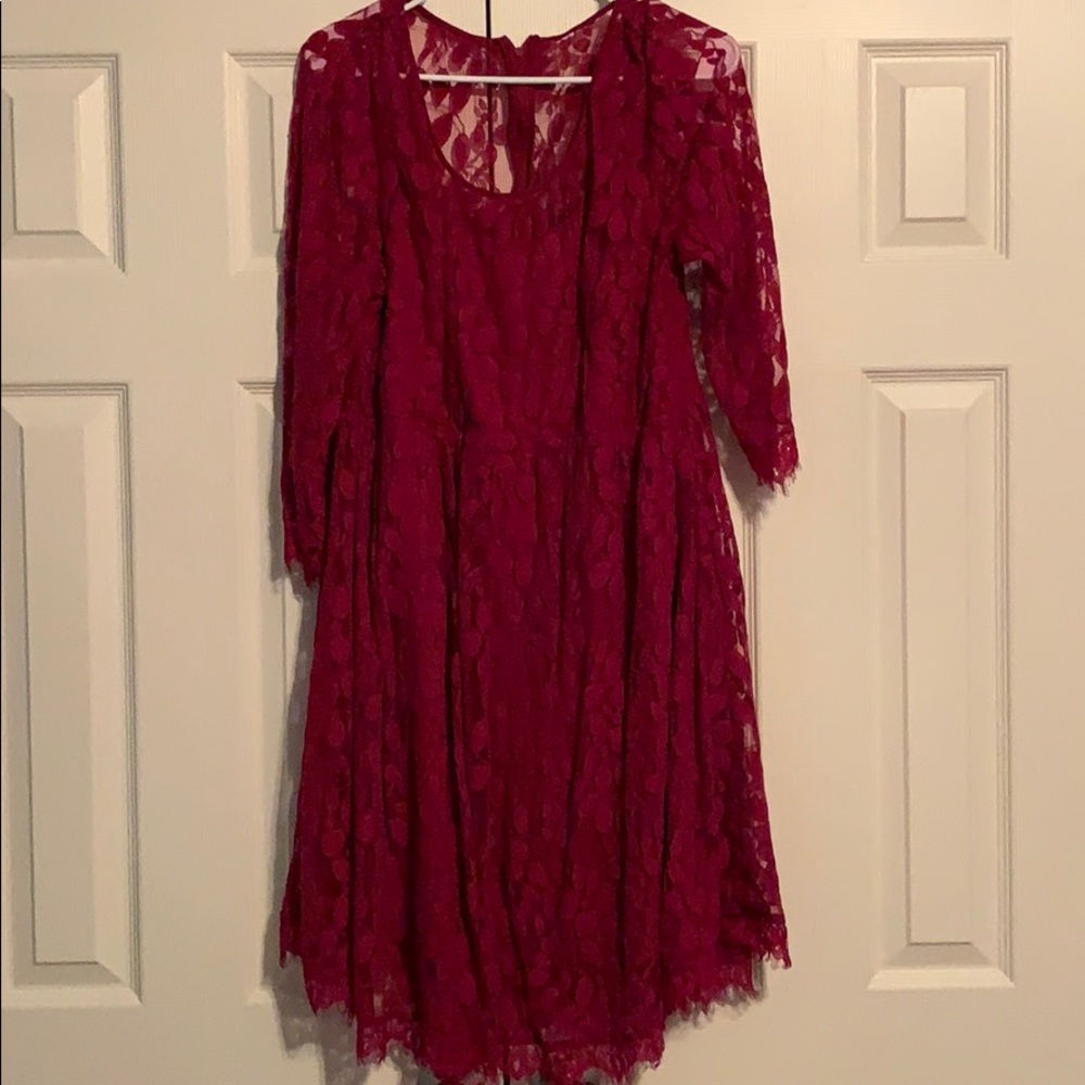 Burgundy lace overlay dress knee length